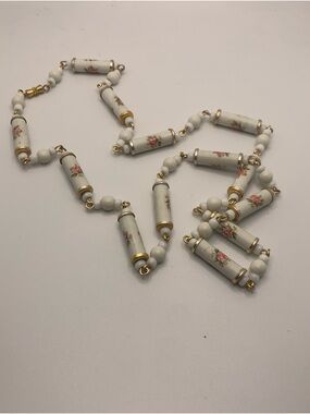 Vintage White Porcelain Tube Necklace with Pink Floral Motifs